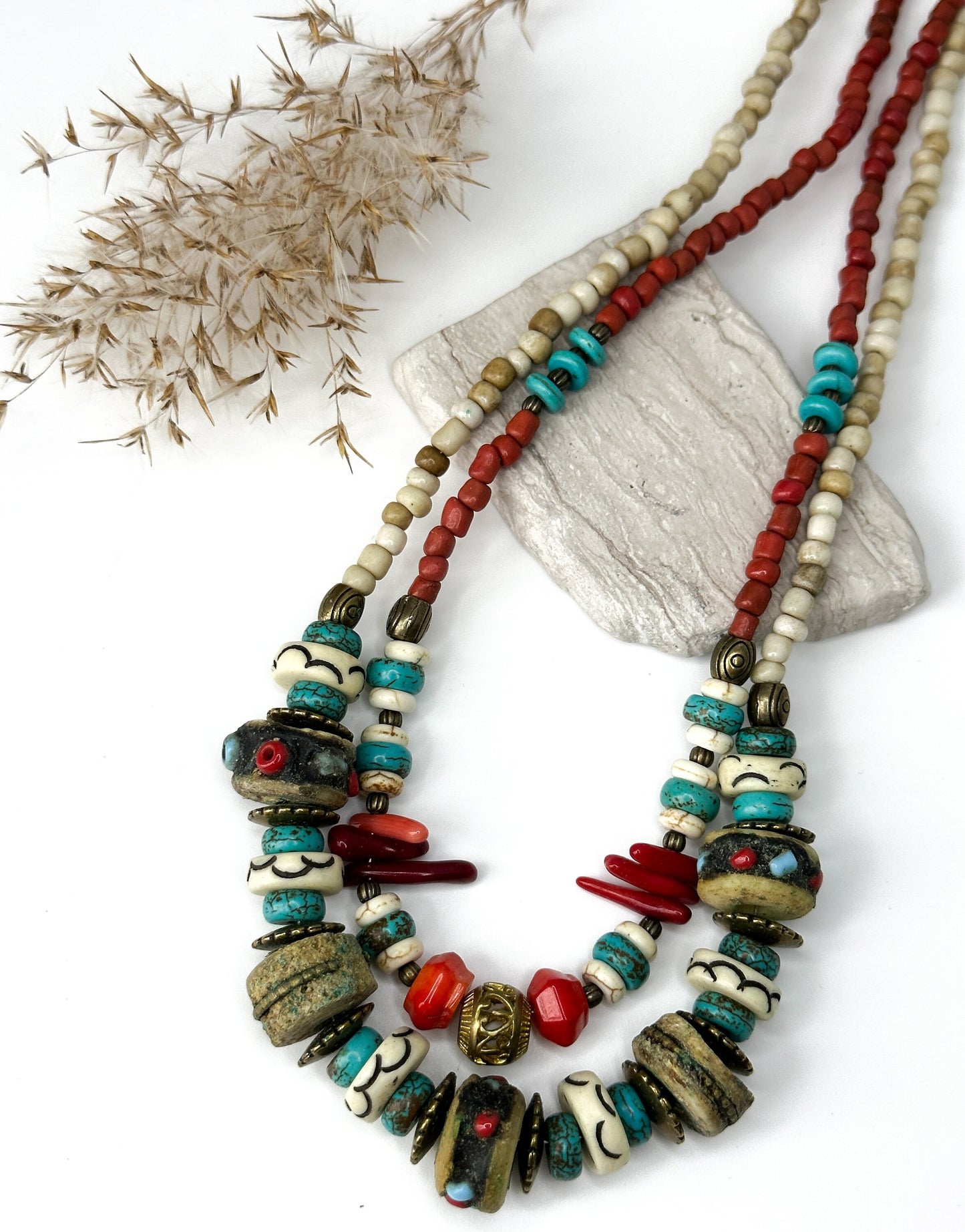 Two Layered Coral Nepali Necklace | Gift for Women Ethnic Jewelry | Ethnic Design Boho Necklace | Tibetan Jewelry