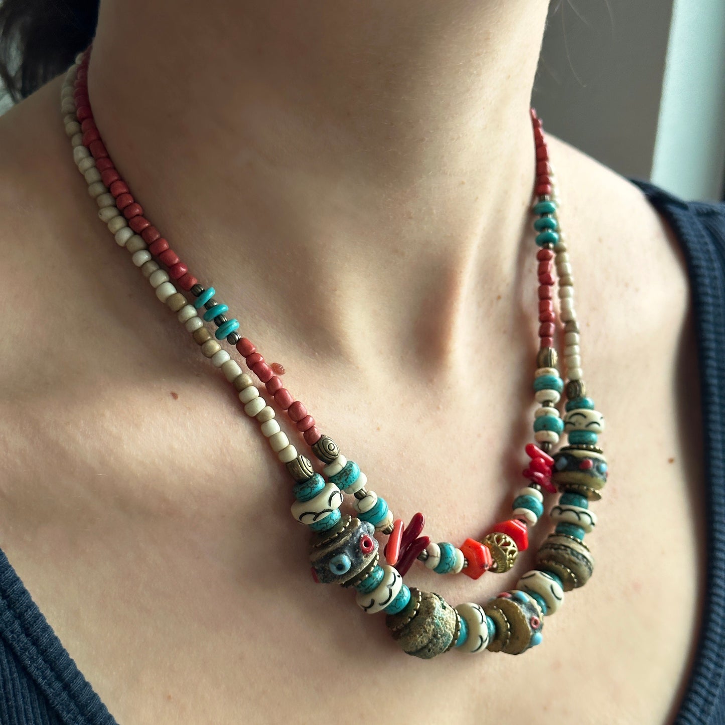 Two Layered Coral Nepali Necklace | Gift for Women Ethnic Jewelry | Ethnic Design Boho Necklace | Tibetan Jewelry