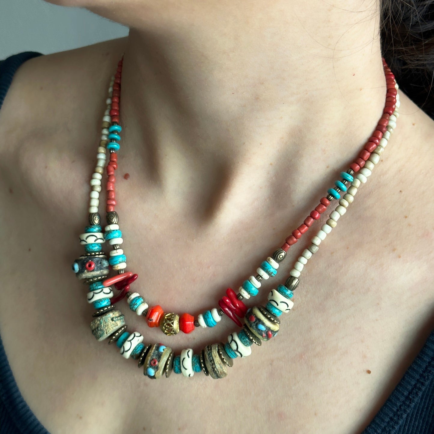 Two Layered Coral Nepali Necklace | Gift for Women Ethnic Jewelry | Ethnic Design Boho Necklace | Tibetan Jewelry