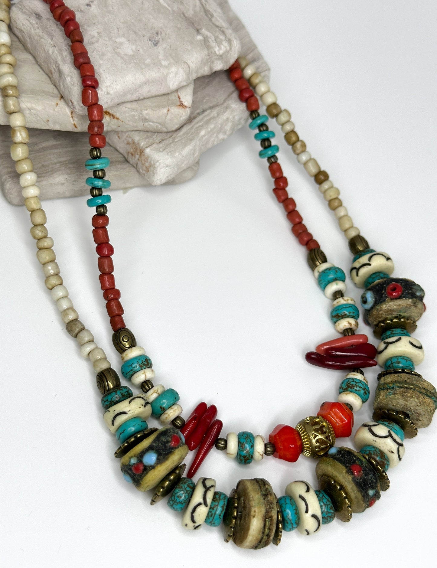 Two Layered Coral Nepali Necklace | Gift for Women Ethnic Jewelry | Ethnic Design Boho Necklace | Tibetan Jewelry
