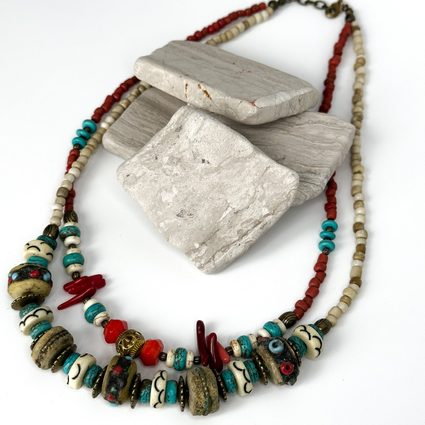 Two Layered Coral Nepali Necklace | Gift for Women Ethnic Jewelry | Ethnic Design Boho Necklace | Tibetan Jewelry