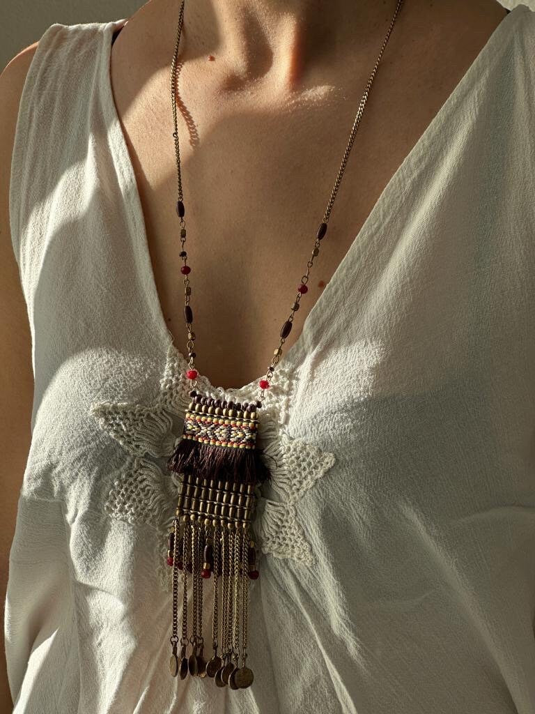 Long Beaded Tassel Necklace | Mini Pendant | Ethnic Design Boho Necklace | Tibetan Jewelry | Gift for Women Ethnic Jewelry