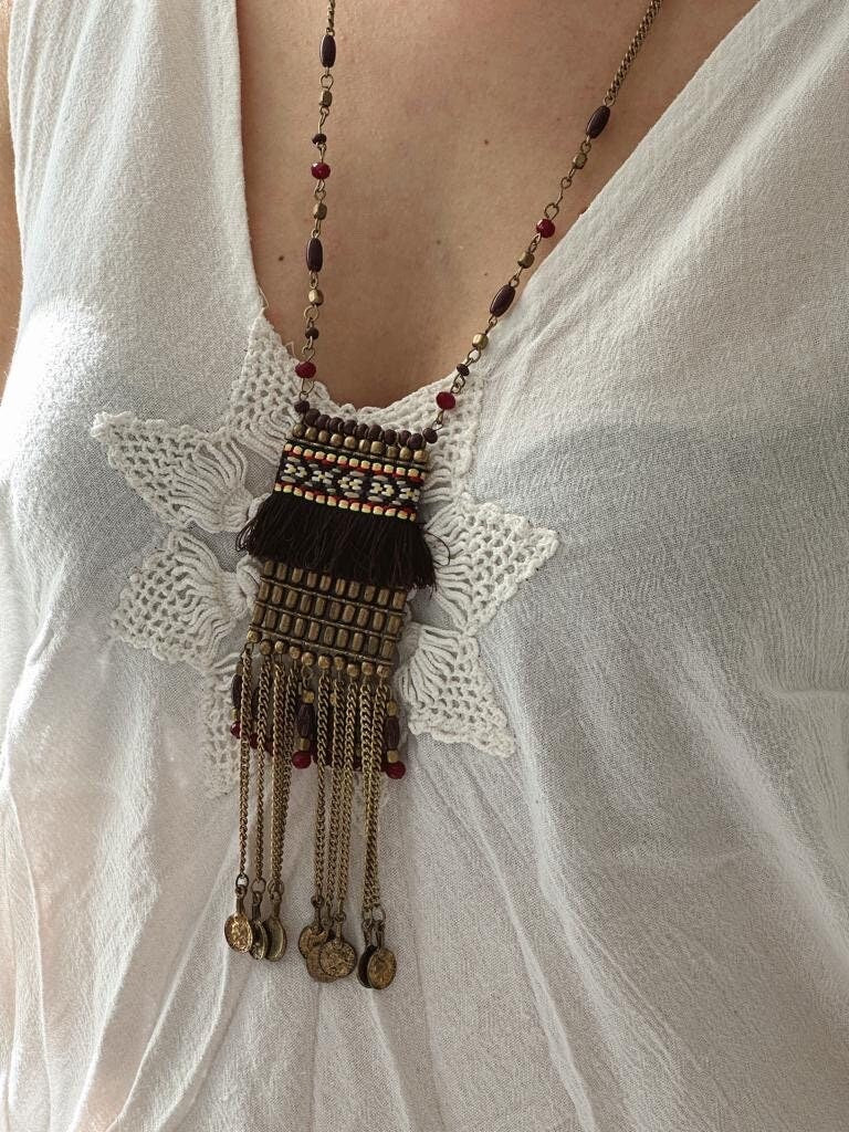 Long Beaded Tassel Necklace | Mini Pendant | Ethnic Design Boho Necklace | Tibetan Jewelry | Gift for Women Ethnic Jewelry