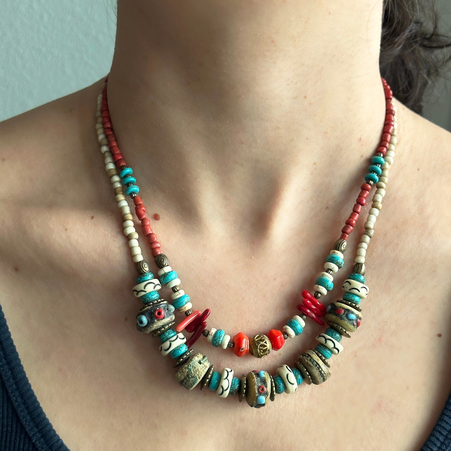 Two Layered Coral Nepali Necklace | Gift for Women Ethnic Jewelry | Ethnic Design Boho Necklace | Tibetan Jewelry