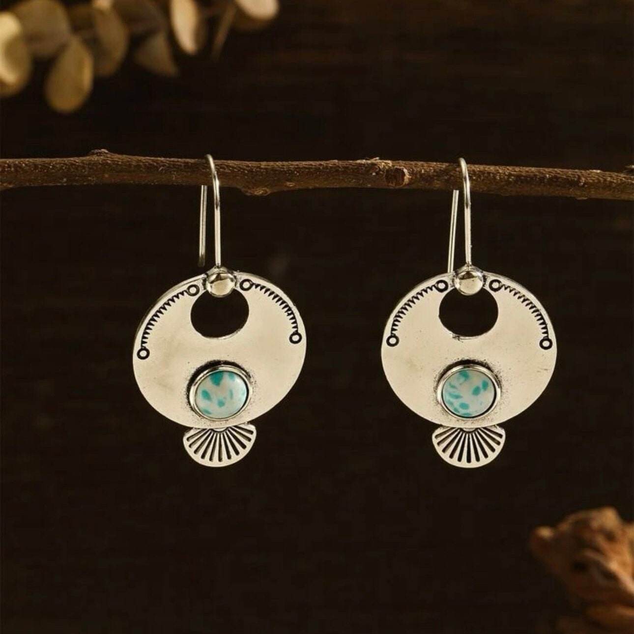 Rustic Round Geometric Design Glamorous Earrings | Vintage Style Round Drop Earrings | Boho Vintage Earrings
