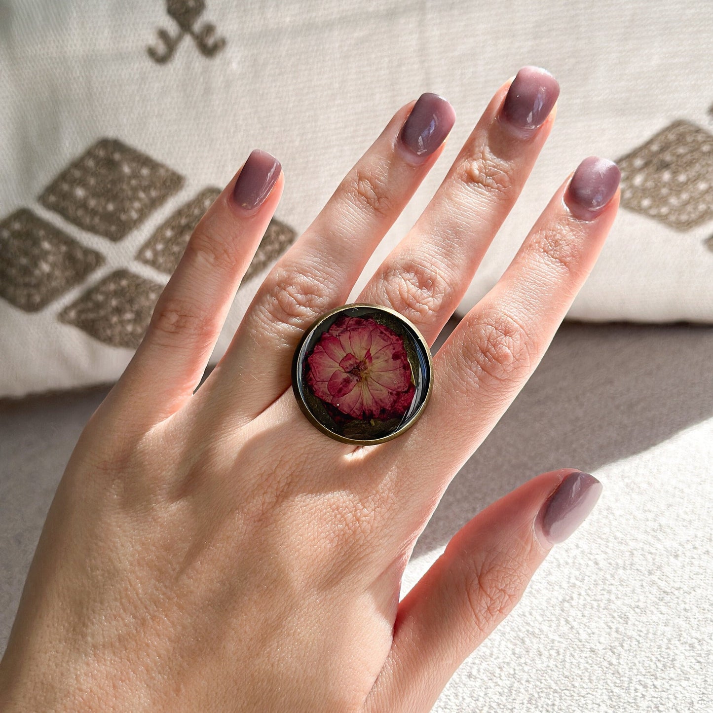 Rose Real Pressed Flower Ring | Dainty Botanical Resin Jewelry | Nature Plant Ring | Vintage Ring Gift