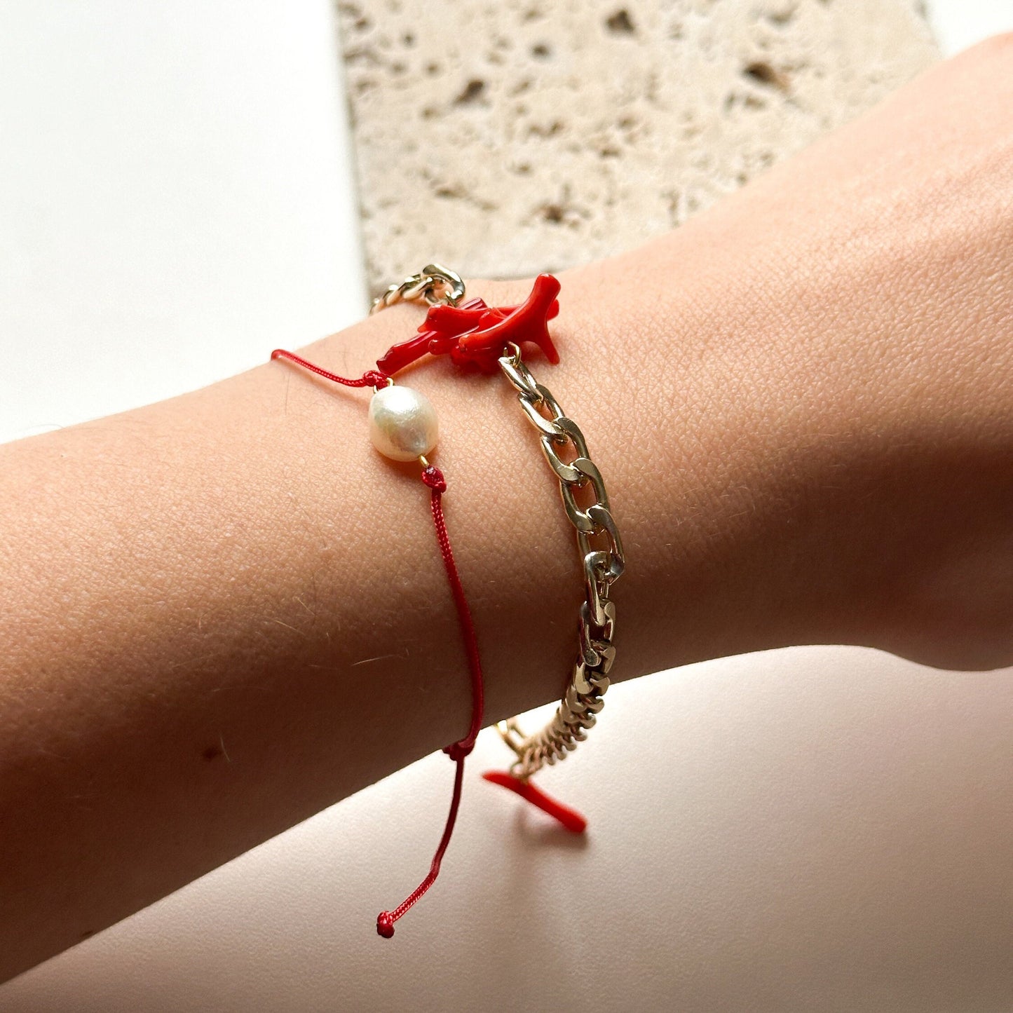 Red Coral Stone Link Bracelet , Red Coral Gemstone Bracelet