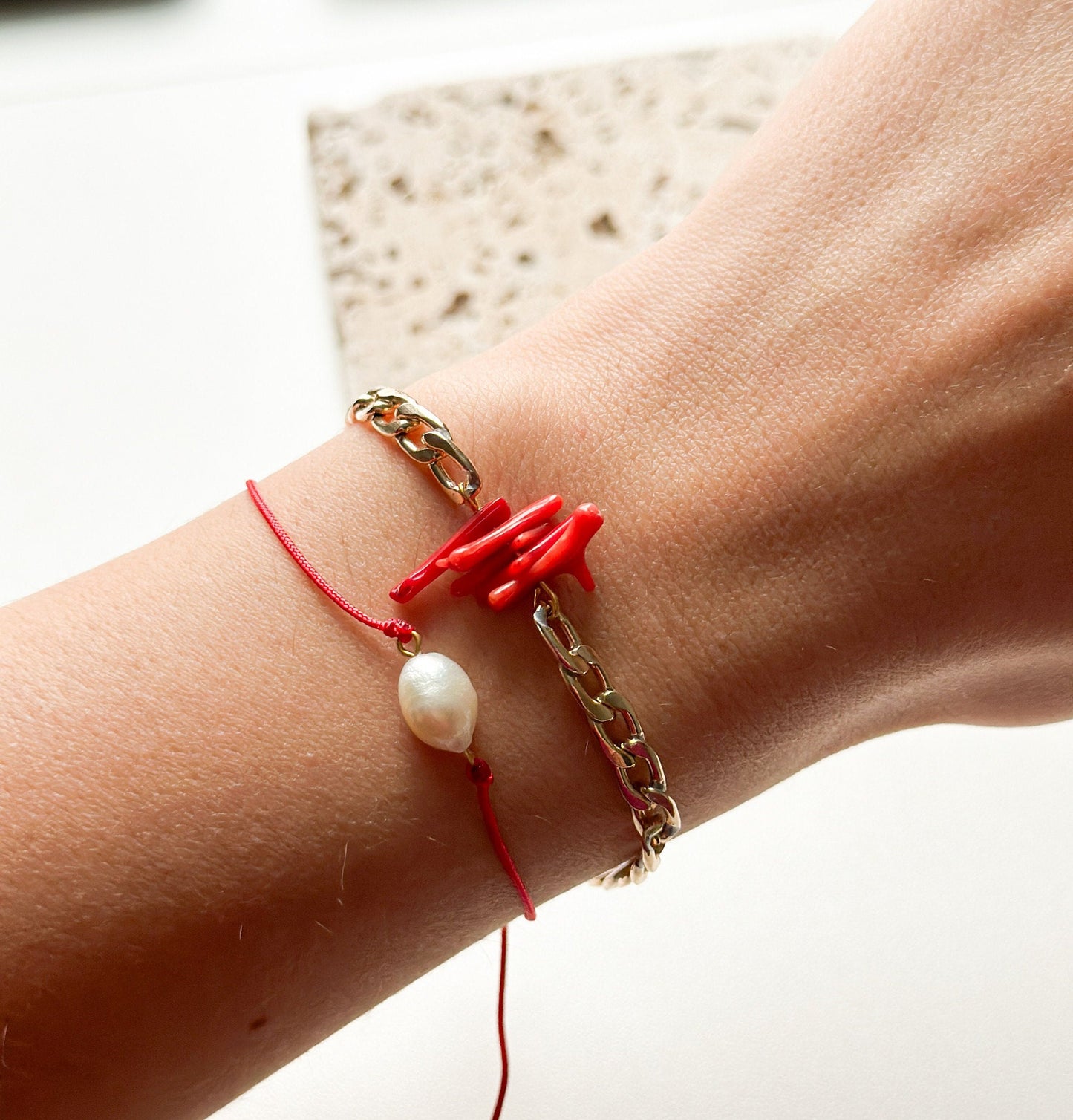 Red Coral Stone Link Bracelet , Red Coral Gemstone Bracelet