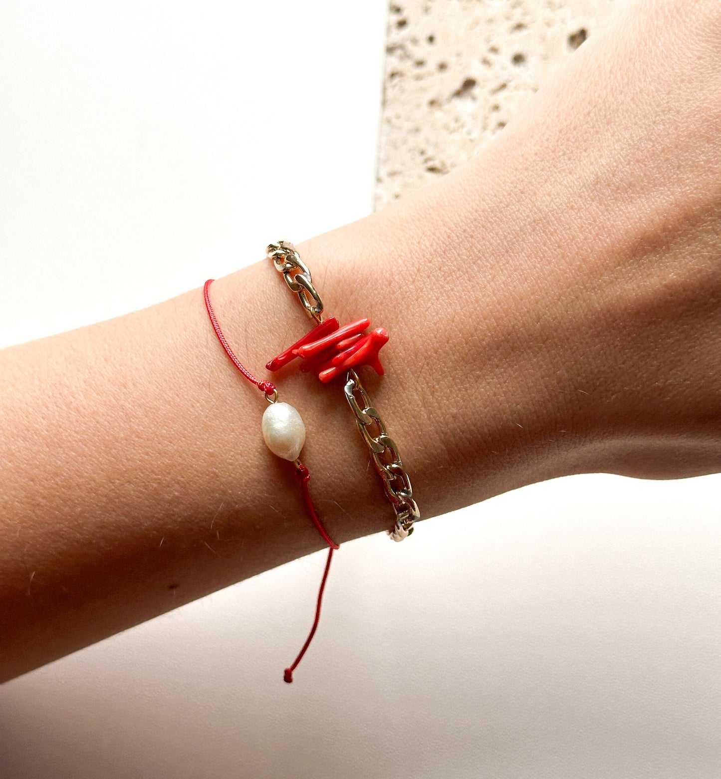 Red Coral Stone Link Bracelet , Red Coral Gemstone Bracelet