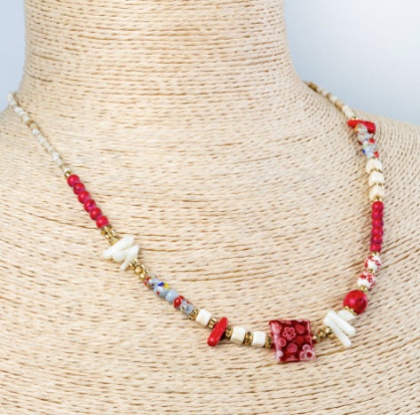 Red Flower Minimalist Necklace | Nepali Necklace | Ethnic Design Boho Necklace | Tibetan Jewelry | Gift for Women Ethnic Jewelry