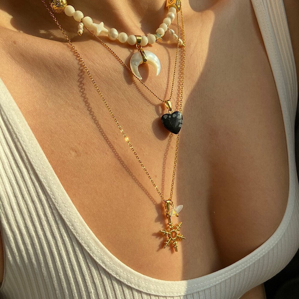 Snowflake Opal Stone Necklace Gifts for Her | Opal Stone Dainty Jewelry | Tiny Gold Snowflake Charm Necklace