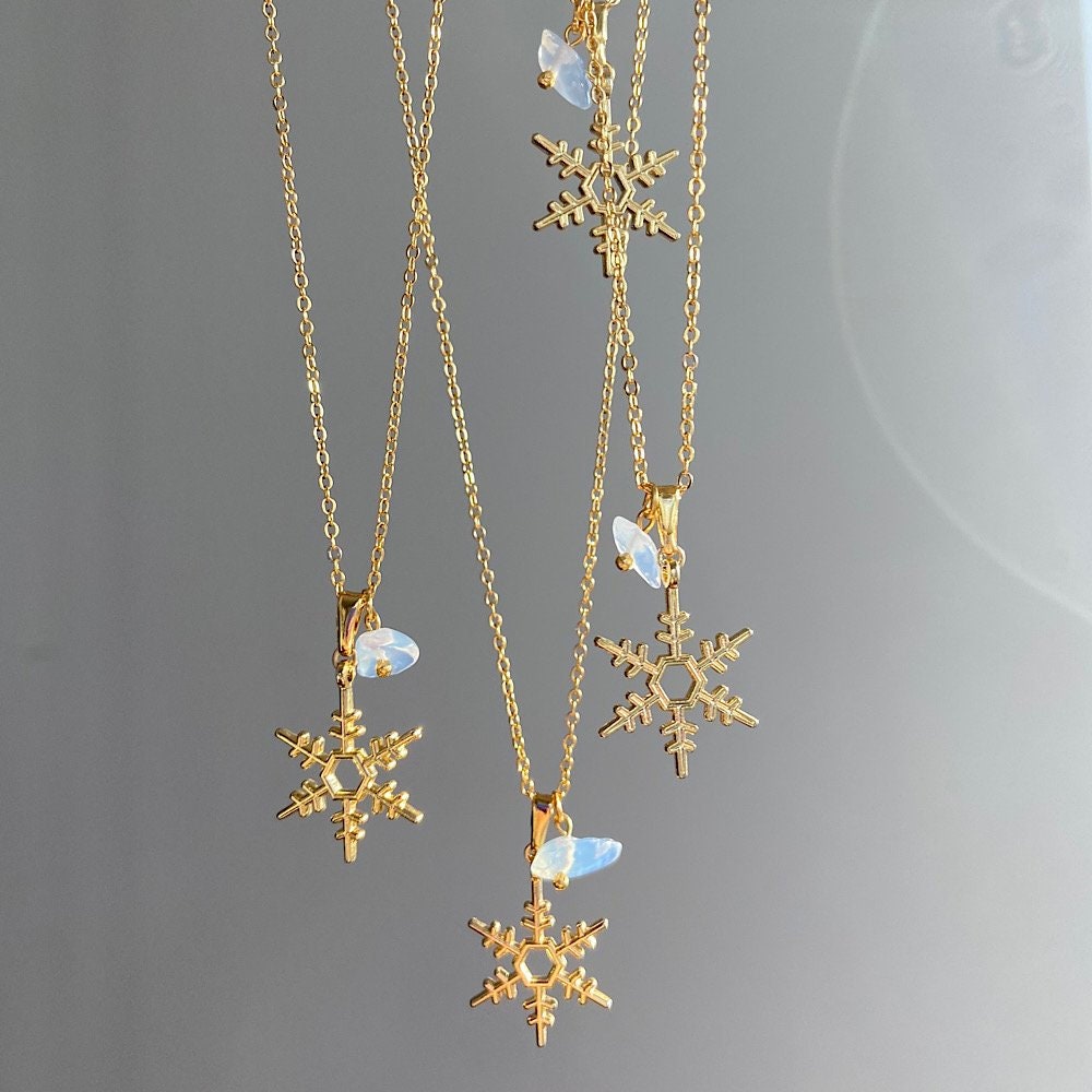 Snowflake Opal Stone Necklace Gifts for Her | Opal Stone Dainty Jewelry | Tiny Gold Snowflake Charm Necklace