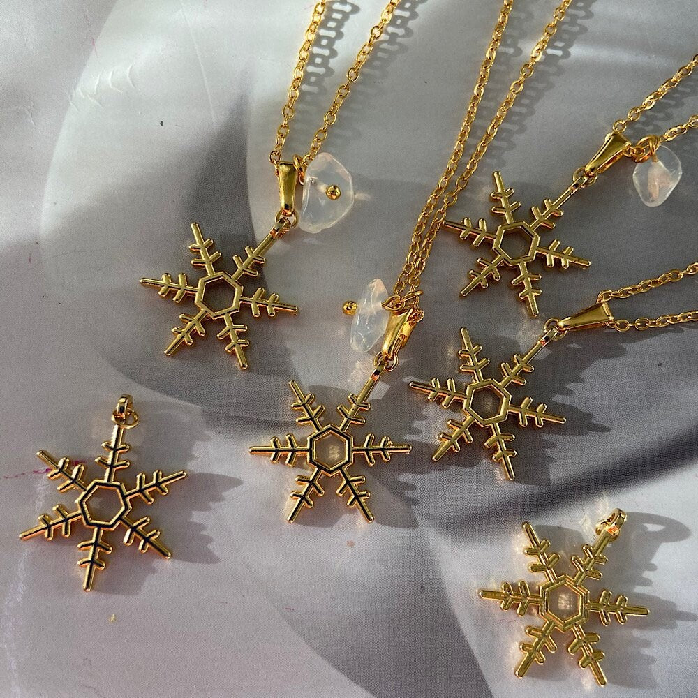 Snowflake Opal Stone Necklace Gifts for Her | Opal Stone Dainty Jewelry | Tiny Gold Snowflake Charm Necklace