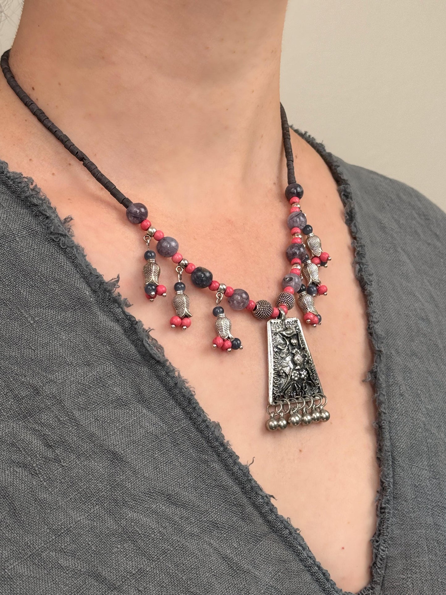 Tulip Floral with Vintage Pendant Necklace | Ethnic Design Boho Necklace | Tibetan Jewelry | Nepali Necklace | Gift for Women Ethnic Jewelry