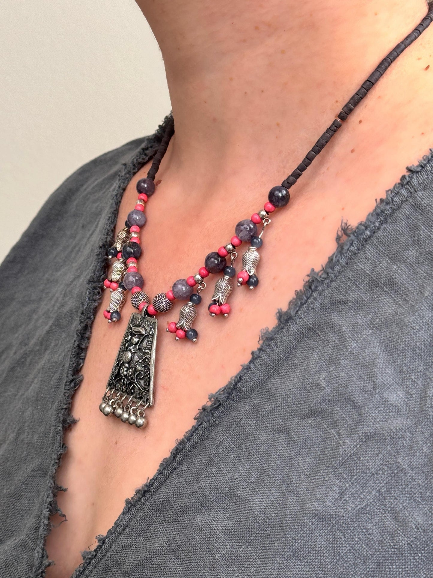 Tulip Floral with Vintage Pendant Necklace | Ethnic Design Boho Necklace | Tibetan Jewelry | Nepali Necklace | Gift for Women Ethnic Jewelry