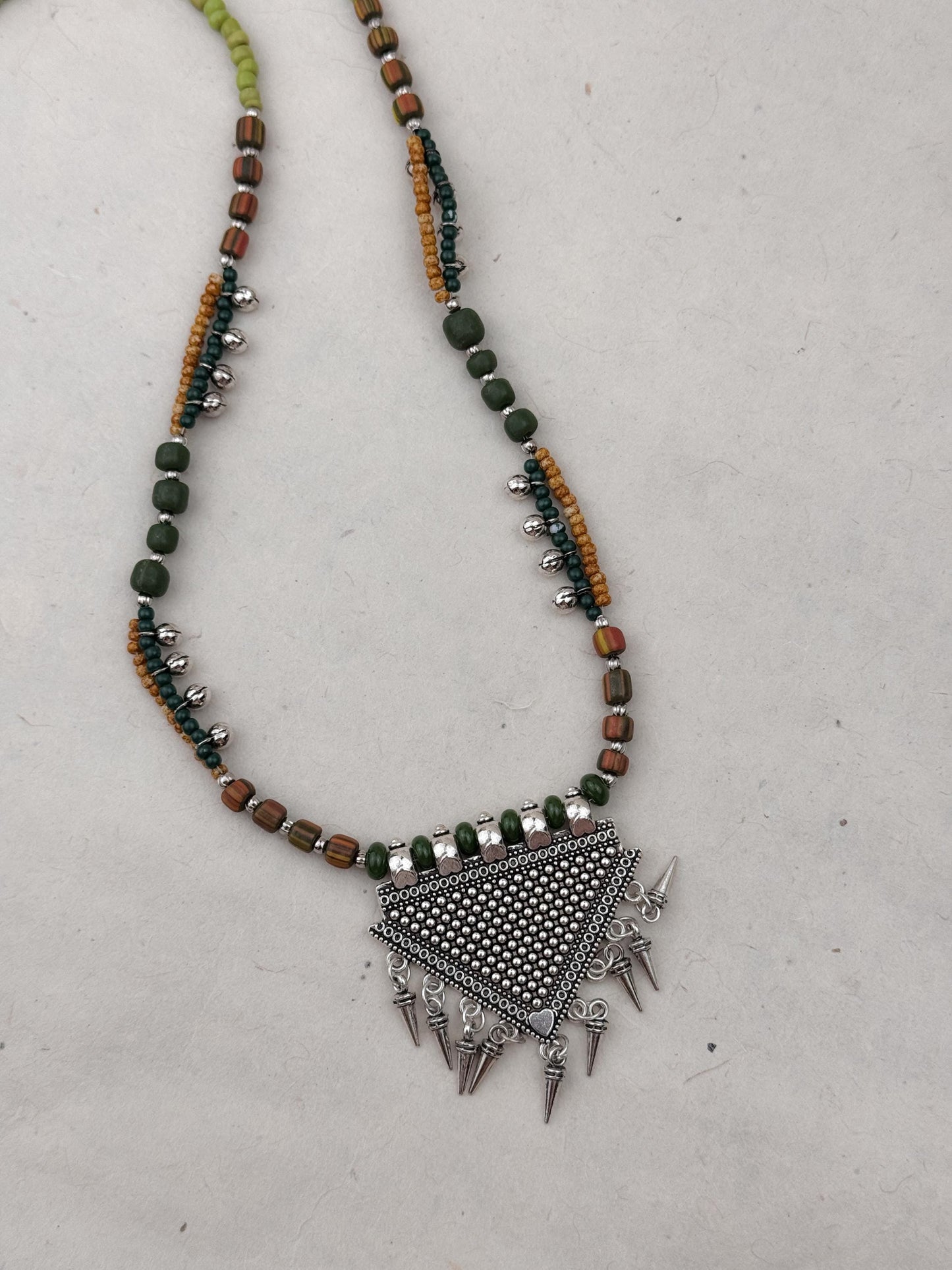 Long Colorful Beaded Necklace with Triangle Silver Pendant | Nepali Necklace | Boho Necklace | Tibetan Jewelry|Gift for Women Ethnic Jewelry