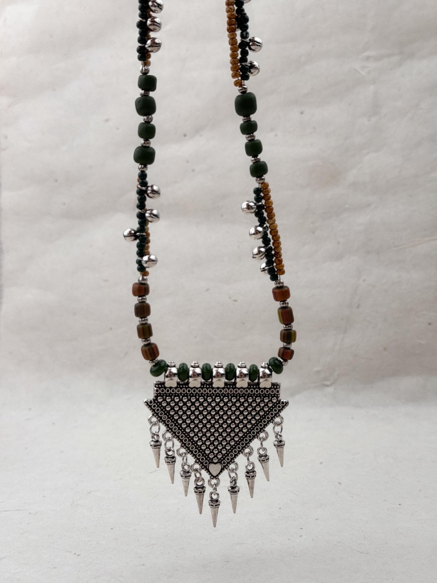 Long Colorful Beaded Necklace with Triangle Silver Pendant | Nepali Necklace | Boho Necklace | Tibetan Jewelry|Gift for Women Ethnic Jewelry