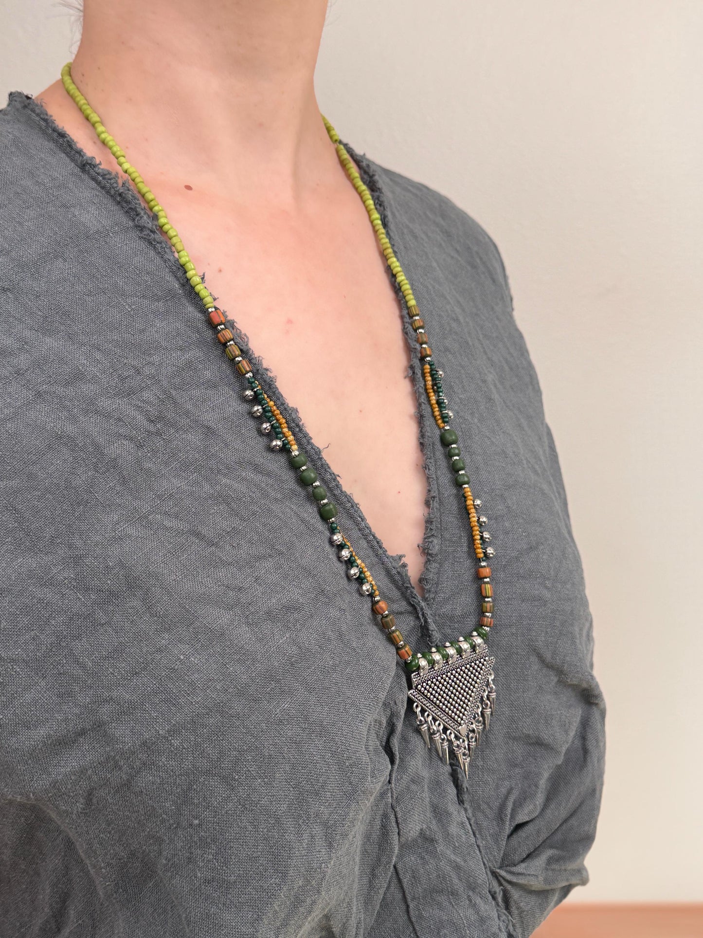 Long Colorful Beaded Necklace with Triangle Silver Pendant | Nepali Necklace | Boho Necklace | Tibetan Jewelry|Gift for Women Ethnic Jewelry