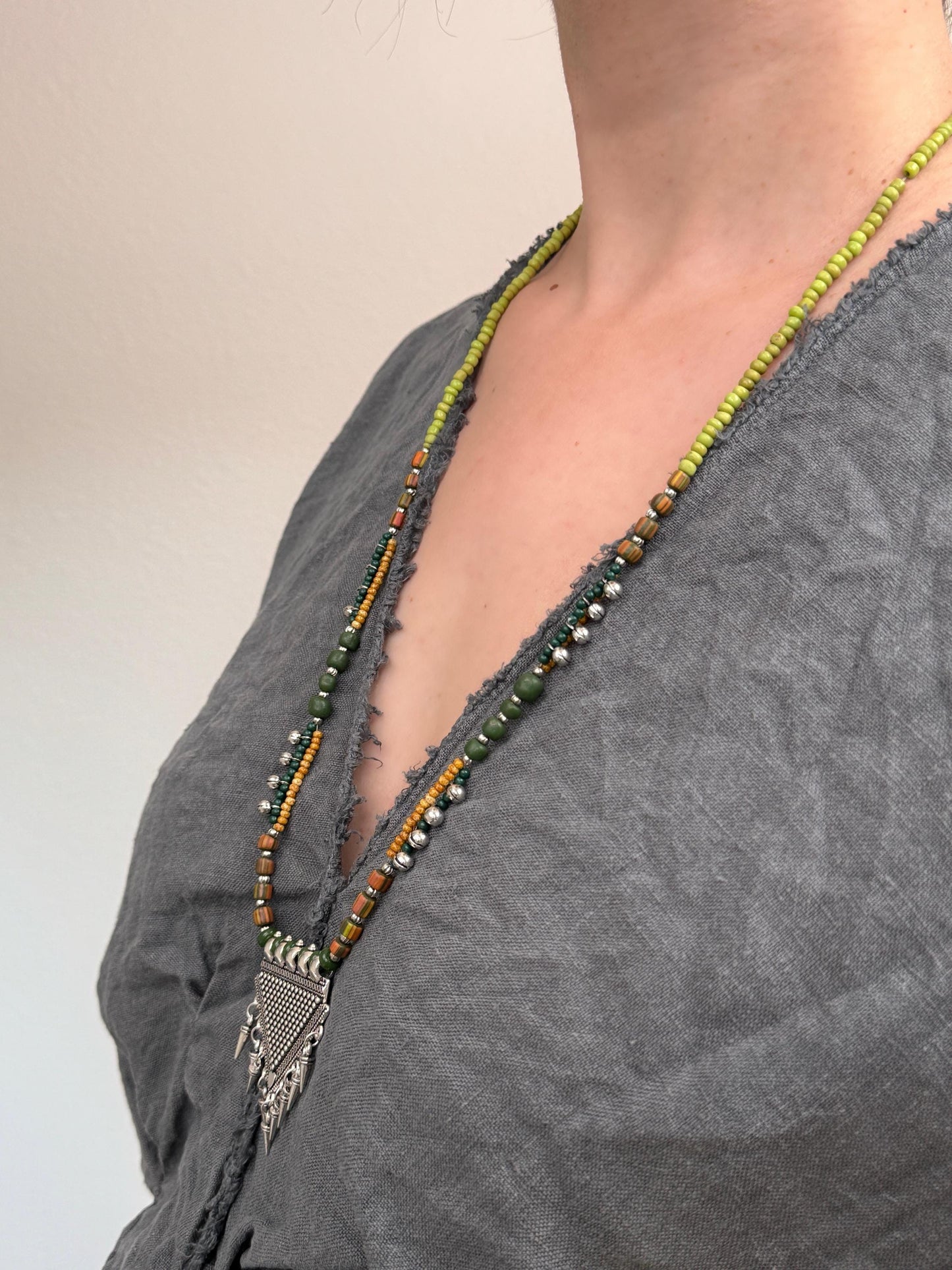 Long Colorful Beaded Necklace with Triangle Silver Pendant | Nepali Necklace | Boho Necklace | Tibetan Jewelry|Gift for Women Ethnic Jewelry
