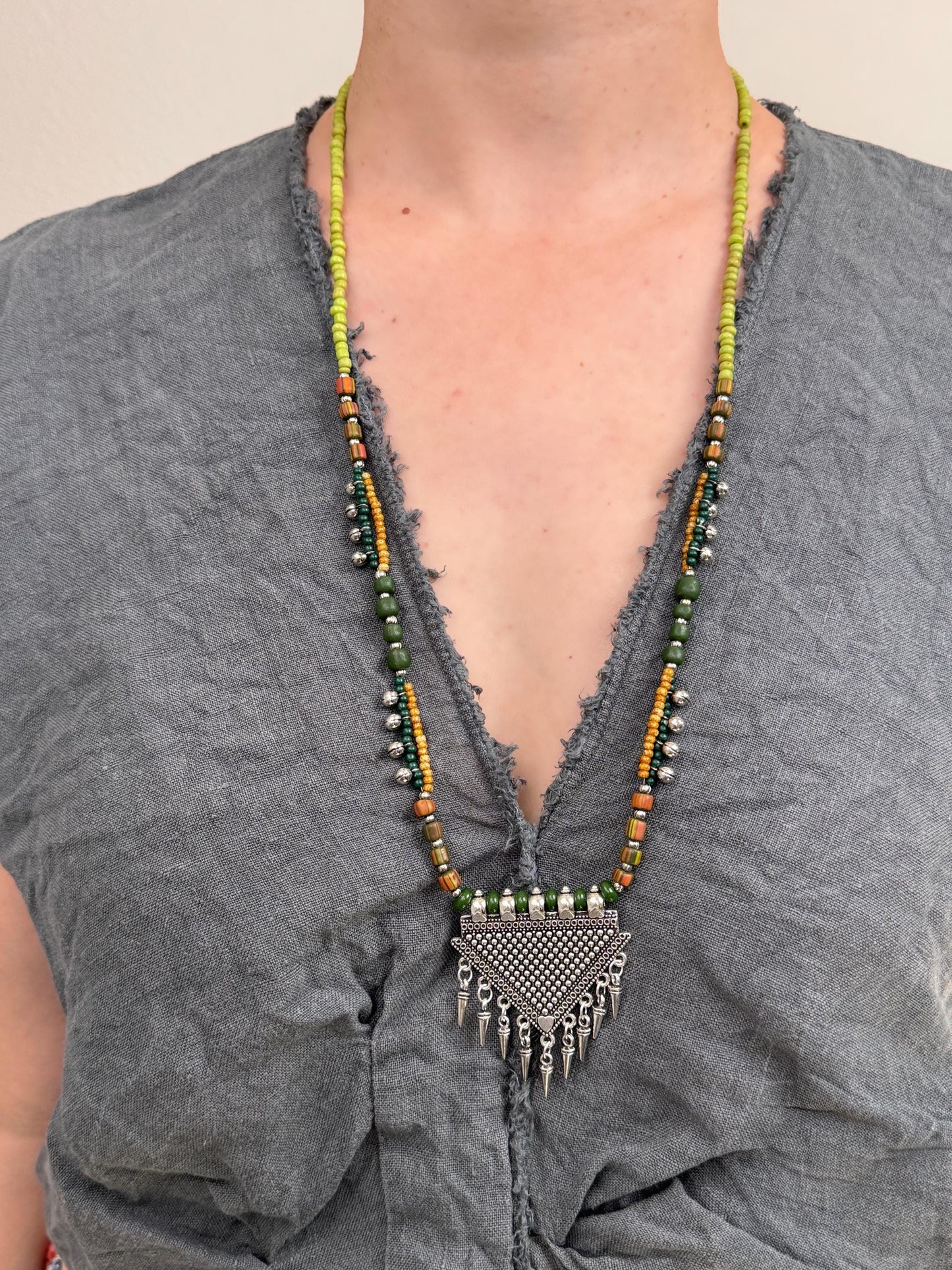 Long Colorful Beaded Necklace with Triangle Silver Pendant | Nepali Necklace | Boho Necklace | Tibetan Jewelry|Gift for Women Ethnic Jewelry