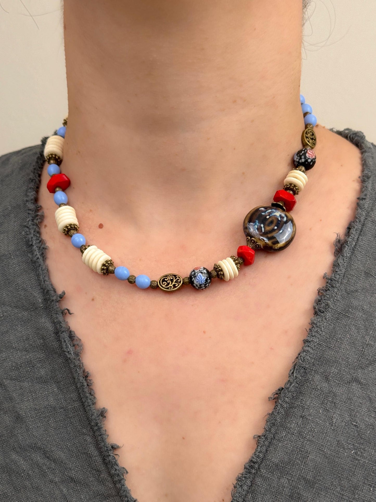 Evil Eye Stone Pendant with Blue Pearl Beads Ethnic Design Necklace | Tibetan Jewelry | Nepali Necklace | Gift for Women Ethnic Jewelry