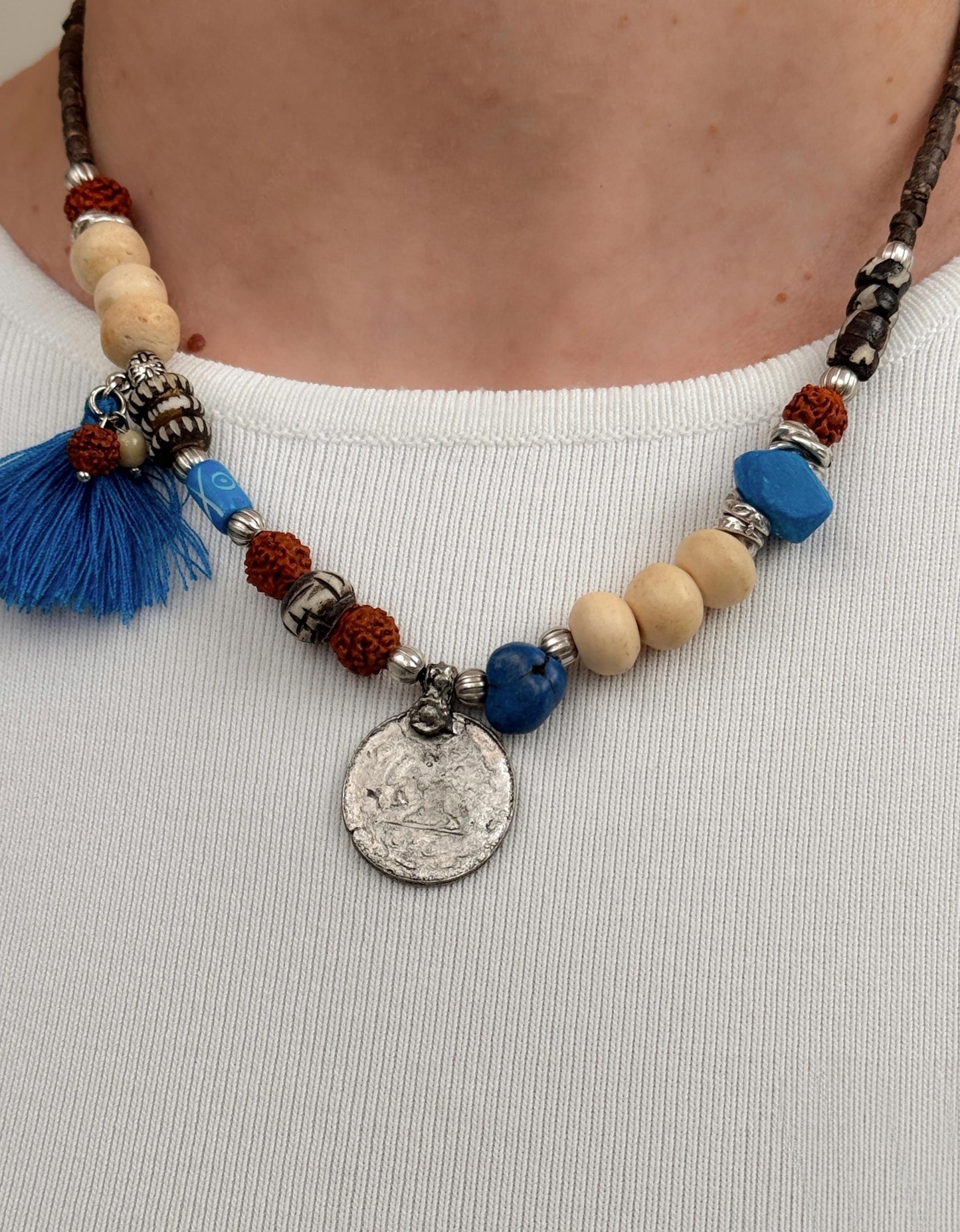 Shilling Coin Pendant with Blue Tassel Necklace | Nepali Necklace |Ethnic Design Boho Necklace|Tibetan Jewelry|Gift for Women Ethnic Jewelry
