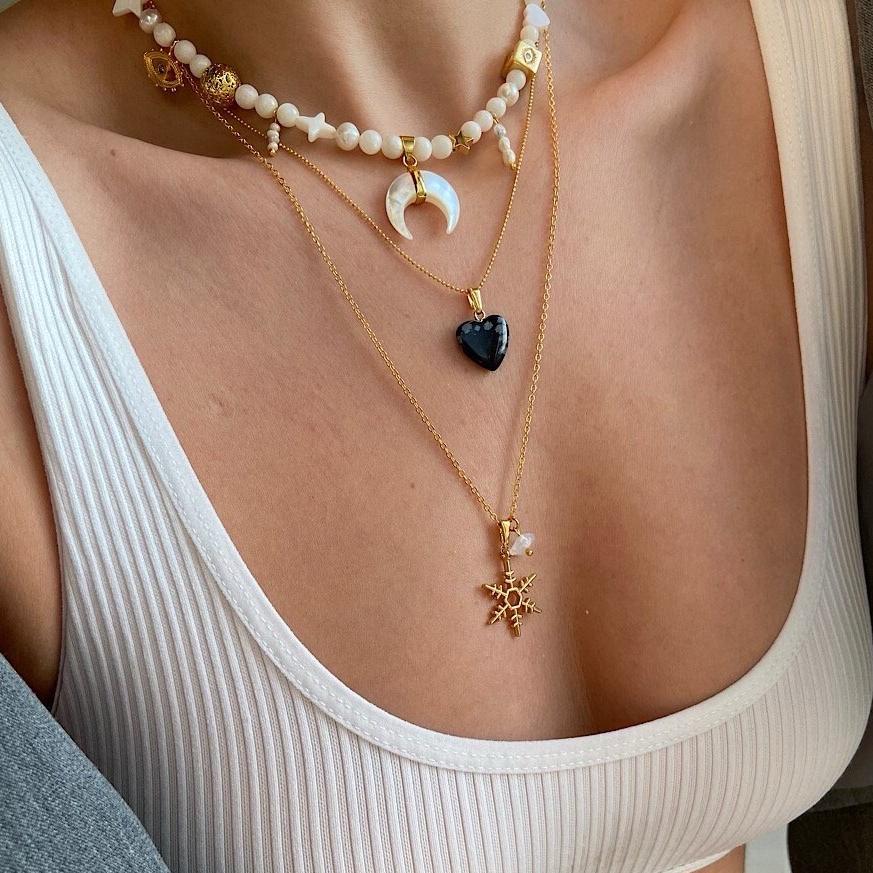 Snowflake Opal Stone Necklace Gifts for Her | Opal Stone Dainty Jewelry | Tiny Gold Snowflake Charm Necklace