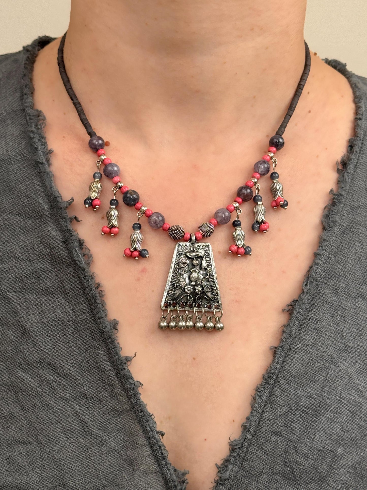 Tulip Floral with Vintage Pendant Necklace | Ethnic Design Boho Necklace | Tibetan Jewelry | Nepali Necklace | Gift for Women Ethnic Jewelry