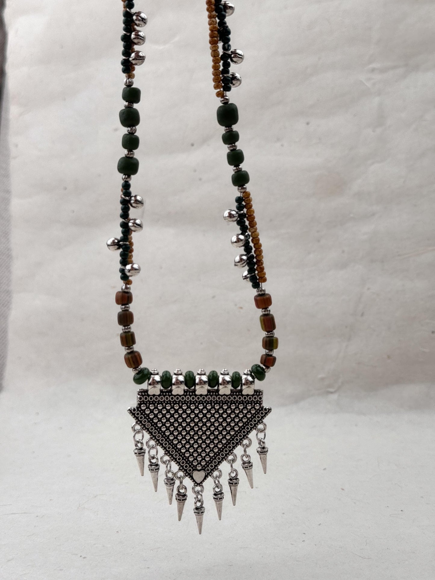 Long Colorful Beaded Necklace with Triangle Silver Pendant | Nepali Necklace | Boho Necklace | Tibetan Jewelry|Gift for Women Ethnic Jewelry
