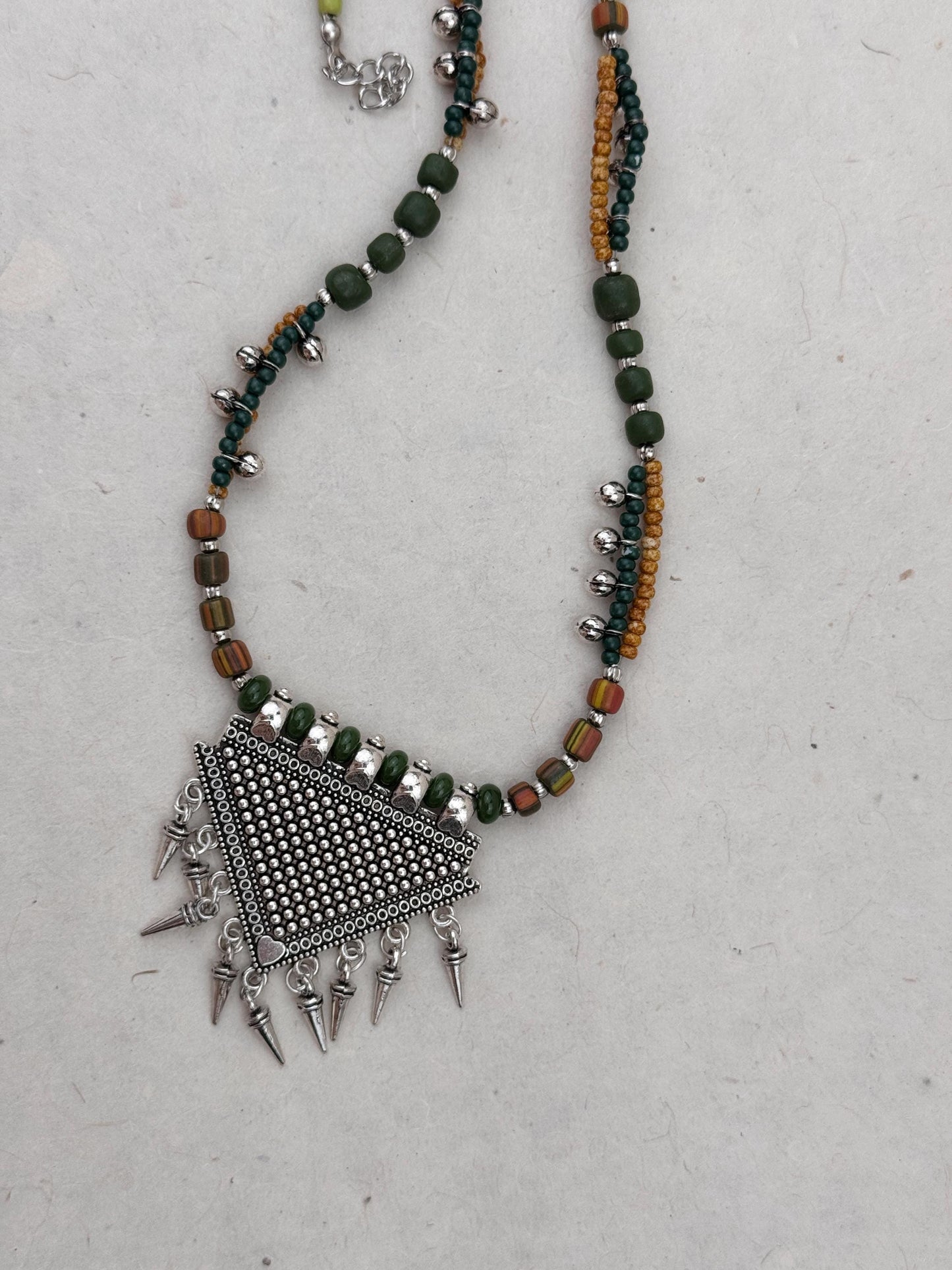 Long Colorful Beaded Necklace with Triangle Silver Pendant | Nepali Necklace | Boho Necklace | Tibetan Jewelry|Gift for Women Ethnic Jewelry