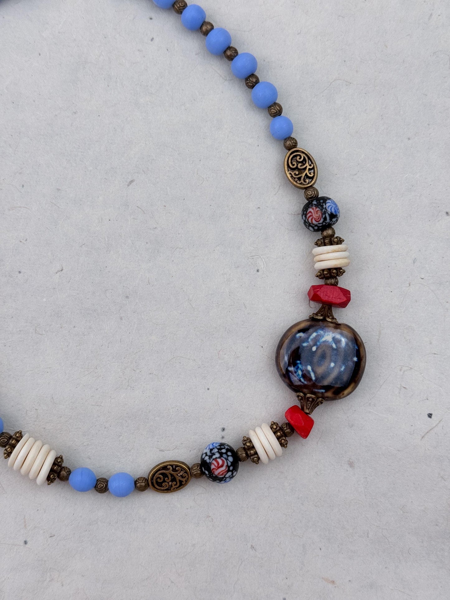 Evil Eye Stone Pendant with Blue Pearl Beads Ethnic Design Necklace | Tibetan Jewelry | Nepali Necklace | Gift for Women Ethnic Jewelry