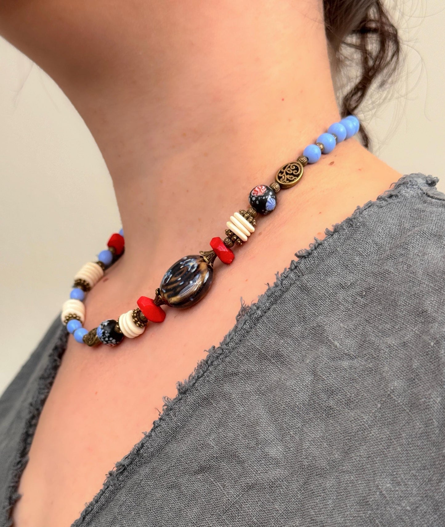 Evil Eye Stone Pendant with Blue Pearl Beads Ethnic Design Necklace | Tibetan Jewelry | Nepali Necklace | Gift for Women Ethnic Jewelry