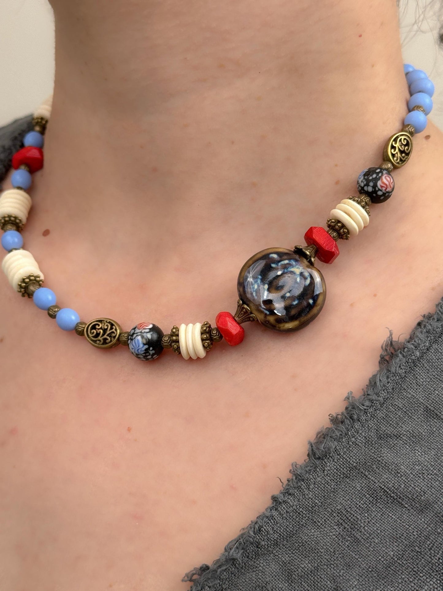 Evil Eye Stone Pendant with Blue Pearl Beads Ethnic Design Necklace | Tibetan Jewelry | Nepali Necklace | Gift for Women Ethnic Jewelry