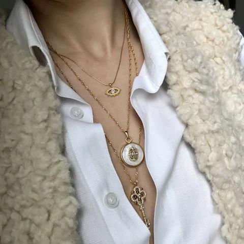 Evil Eye Charm Necklace | Minimalist Gold Plated Filigree Gift for Her | Zircon Stone Dainty Jewelry
