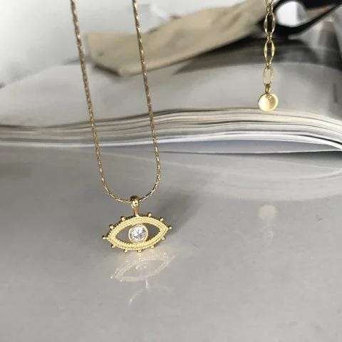 Evil Eye Charm Necklace | Minimalist Gold Plated Filigree Gift for Her | Zircon Stone Dainty Jewelry