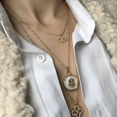 Evil Eye Charm Necklace | Minimalist Gold Plated Filigree Gift for Her | Zircon Stone Dainty Jewelry
