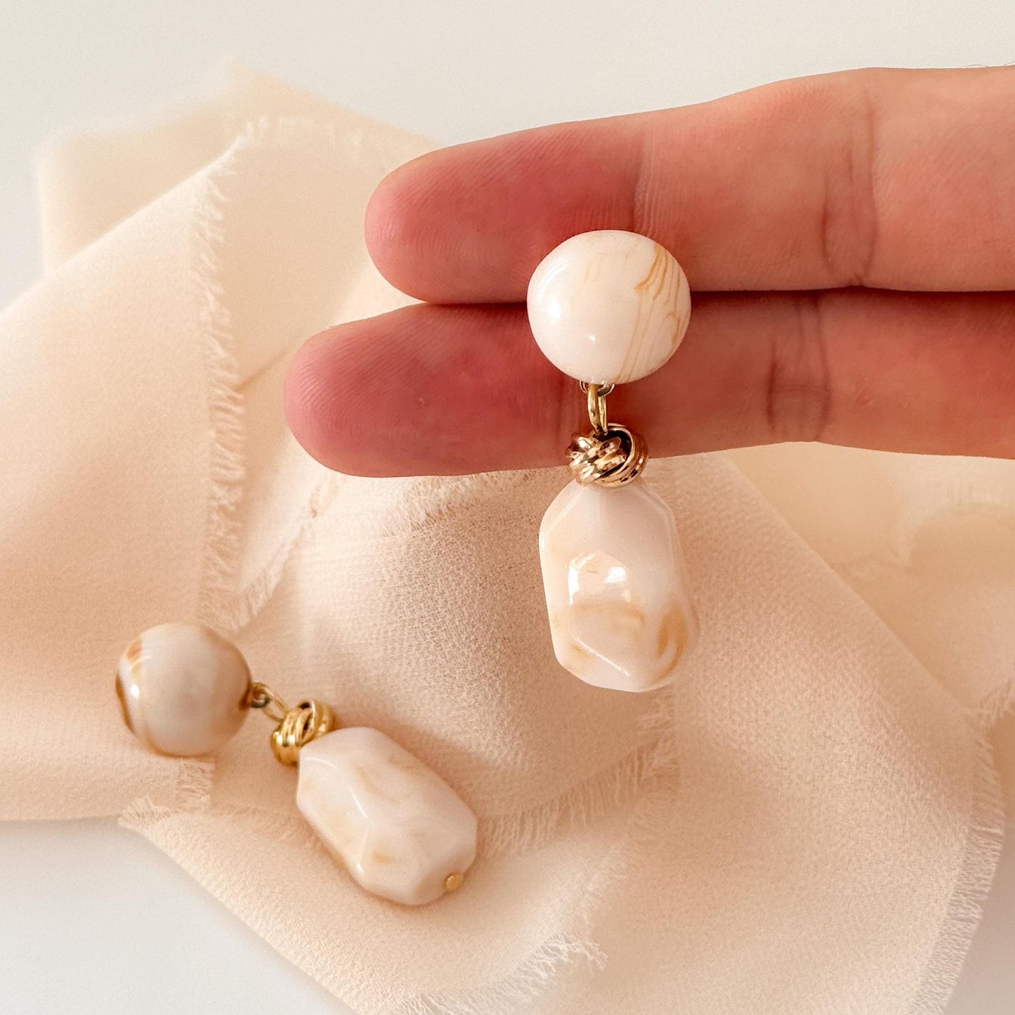 Brown Jade Vintage Hoop Earrings | White Geometric Hoop Earrings | Square Hoop Earrings | Jade Dainty Earrings | Boho Vintage Earrings