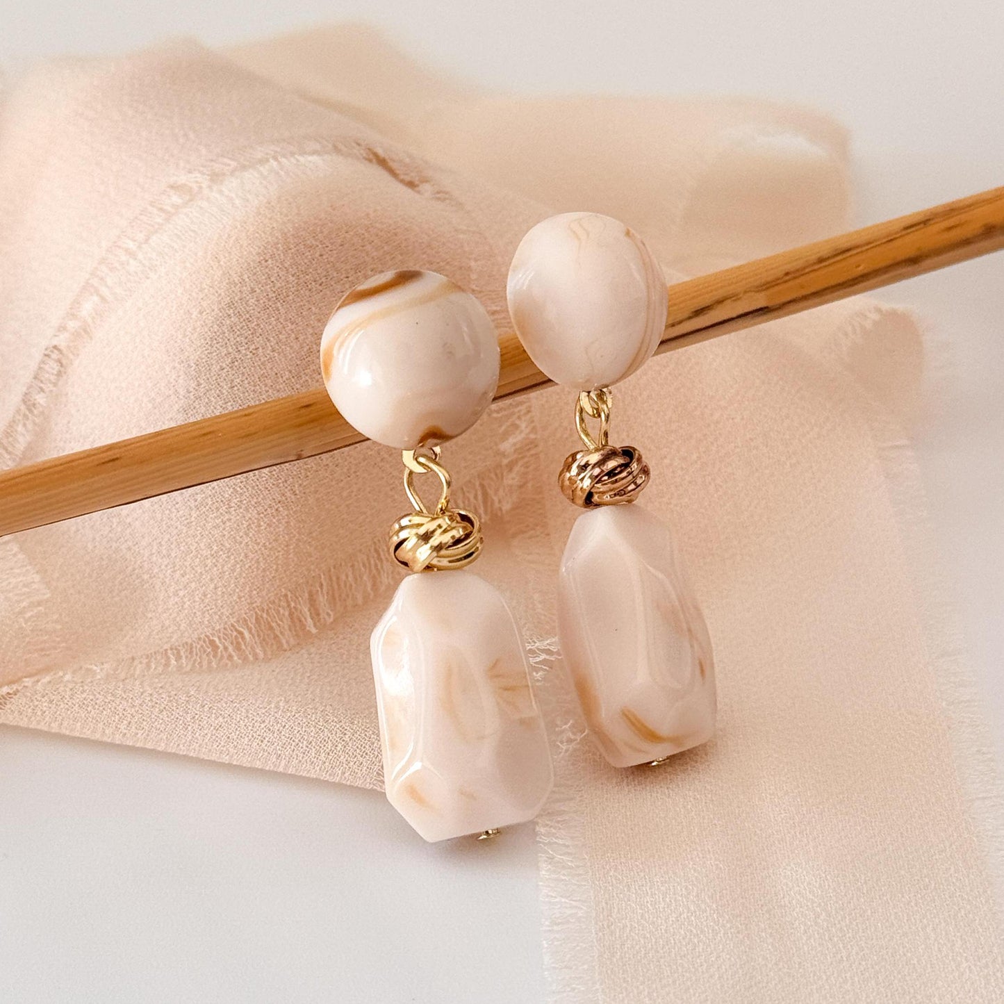 Brown Jade Vintage Hoop Earrings | White Geometric Hoop Earrings | Square Hoop Earrings | Jade Dainty Earrings | Boho Vintage Earrings