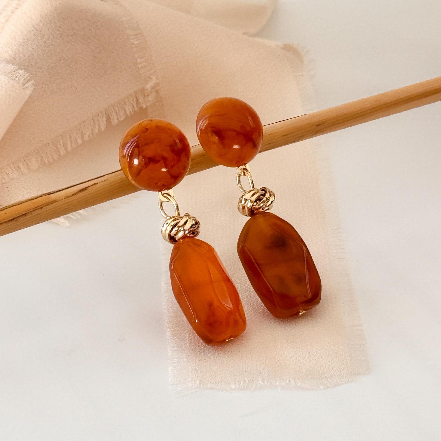 White Jade Vintage Hoop Earrings | Brown Geometric Hoop Earrings | Square Hoop Earrings | Jade Dainty Earrings | Boho Vintage Earrings