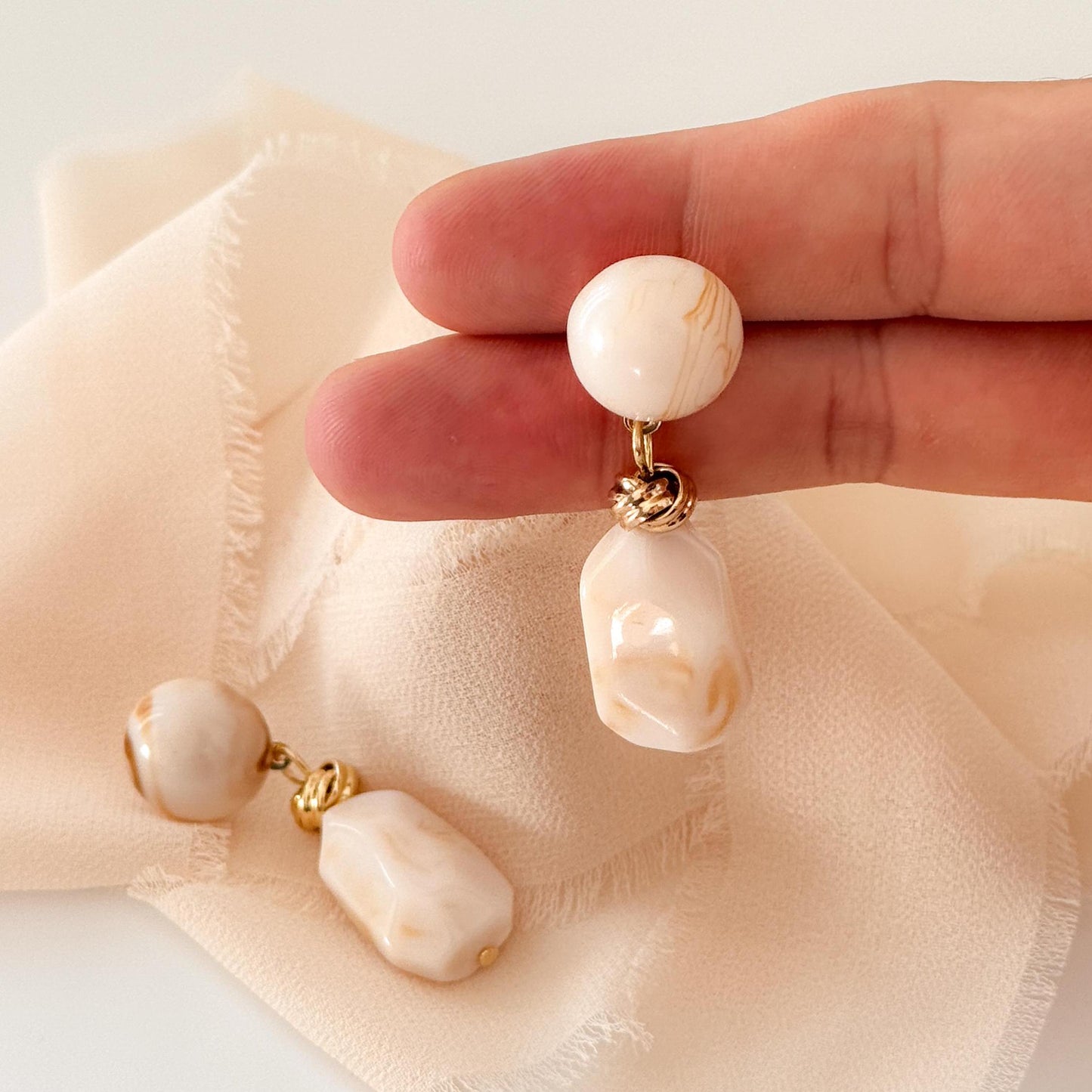 White Jade Vintage Hoop Earrings | Brown Geometric Hoop Earrings | Square Hoop Earrings | Jade Dainty Earrings | Boho Vintage Earrings