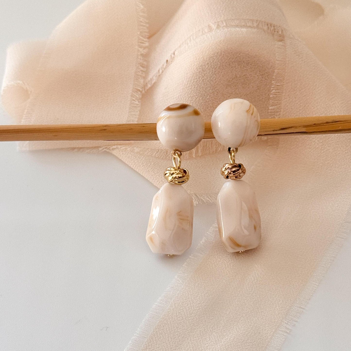 White Jade Vintage Hoop Earrings | Brown Geometric Hoop Earrings | Square Hoop Earrings | Jade Dainty Earrings | Boho Vintage Earrings