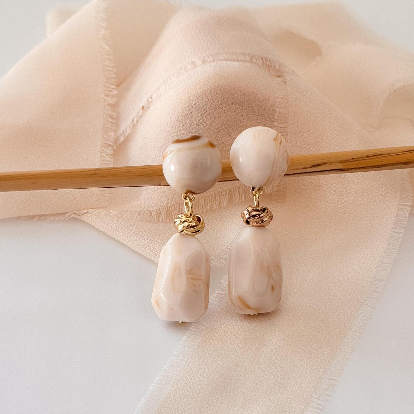 White Jade Vintage Hoop Earrings | Brown Geometric Hoop Earrings | Square Hoop Earrings | Jade Dainty Earrings | Boho Vintage Earrings