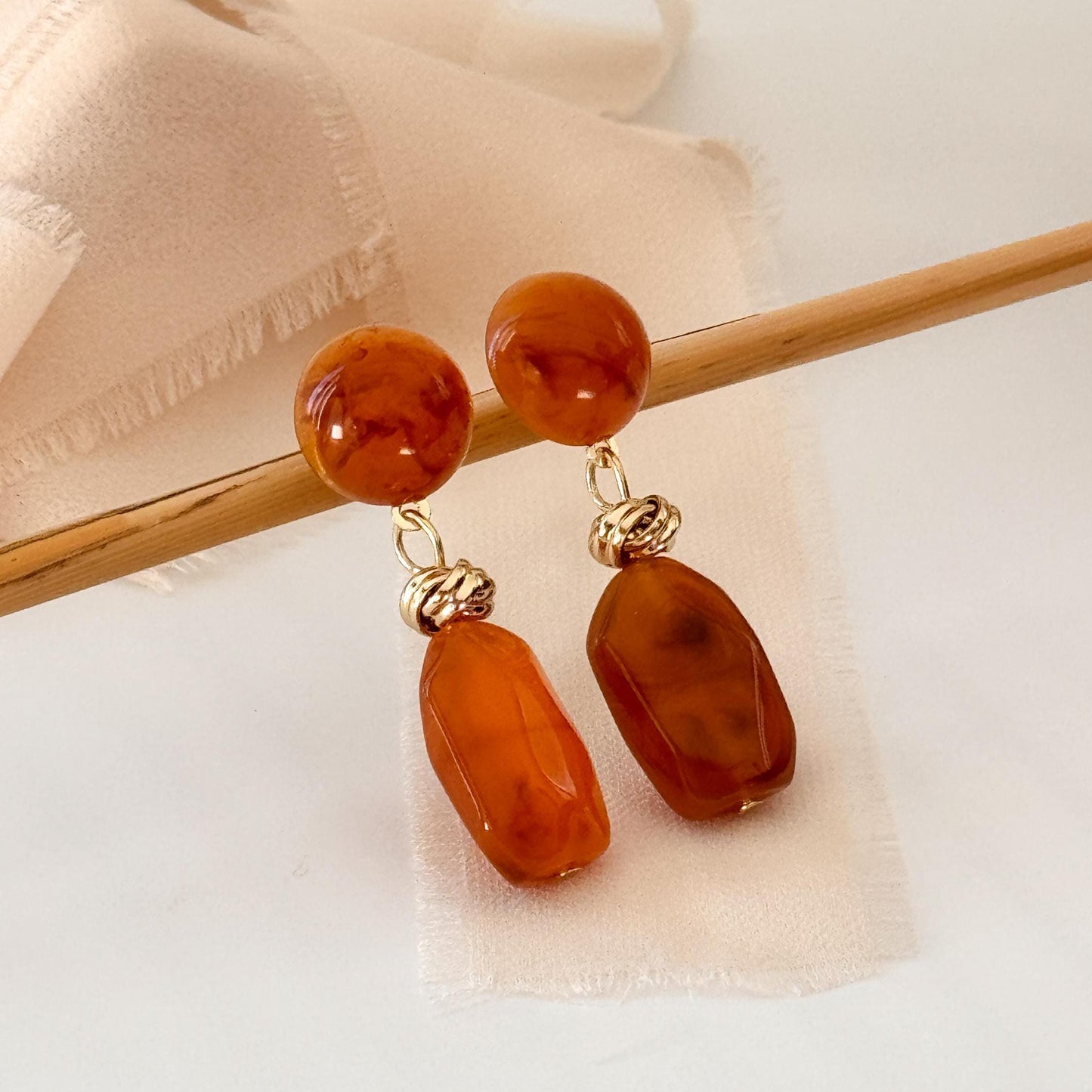 Brown Jade Vintage Hoop Earrings | White Geometric Hoop Earrings | Square Hoop Earrings | Jade Dainty Earrings | Boho Vintage Earrings
