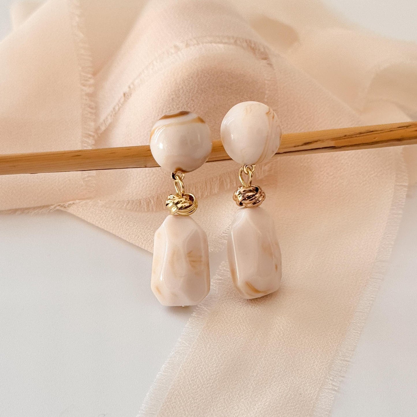 White Jade Vintage Hoop Earrings | Brown Geometric Hoop Earrings | Square Hoop Earrings | Jade Dainty Earrings | Boho Vintage Earrings