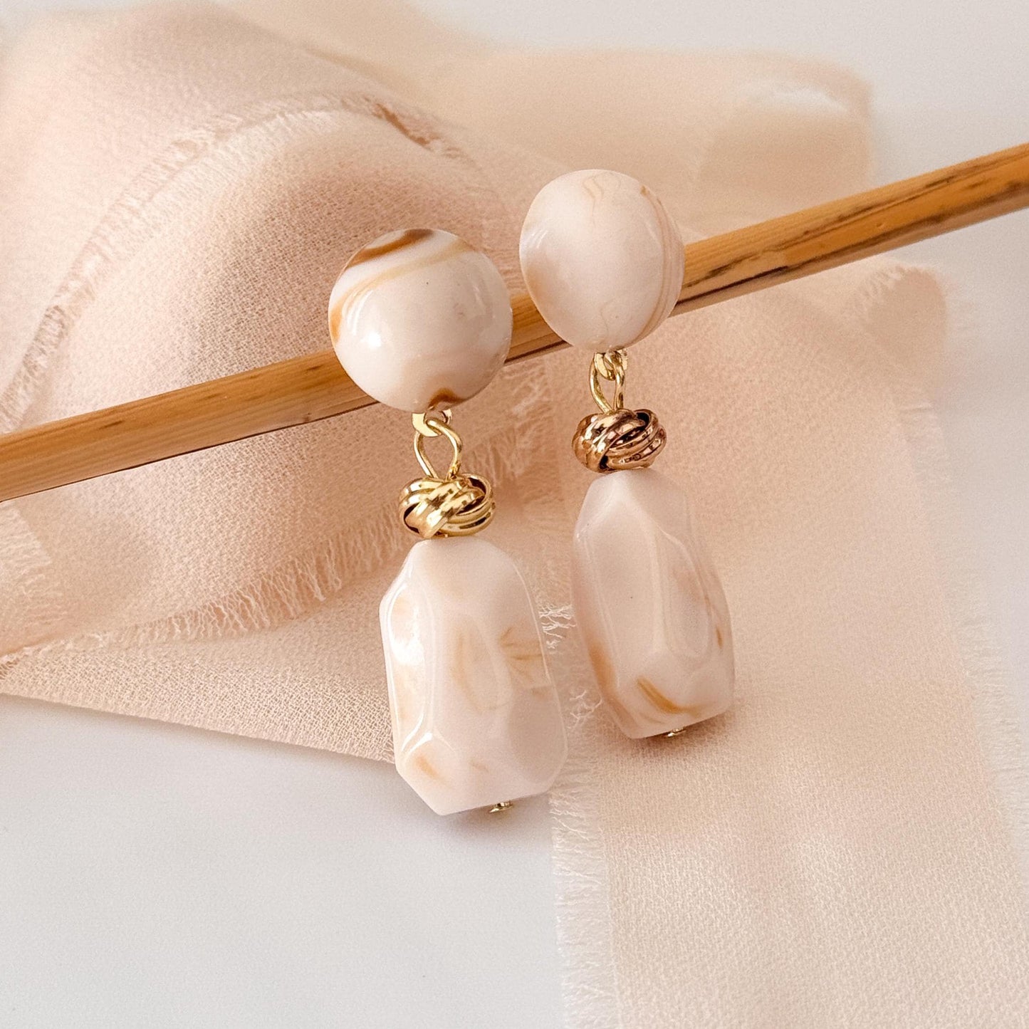 White Jade Vintage Hoop Earrings | Brown Geometric Hoop Earrings | Square Hoop Earrings | Jade Dainty Earrings | Boho Vintage Earrings