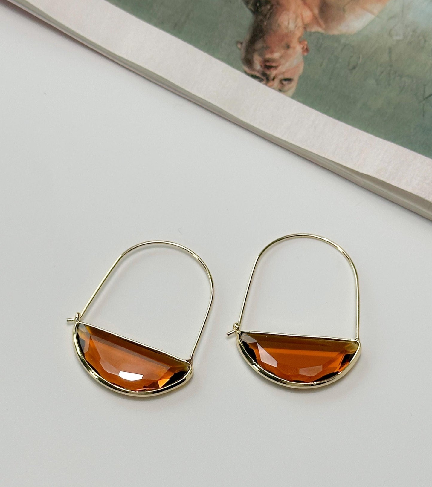 Coffee Brown Glass Retro Hoop Earrings | Elegant Hoop Earrings | Geometric Hoop Earrings | Dainty Earrings | Boho Vintage Earrings