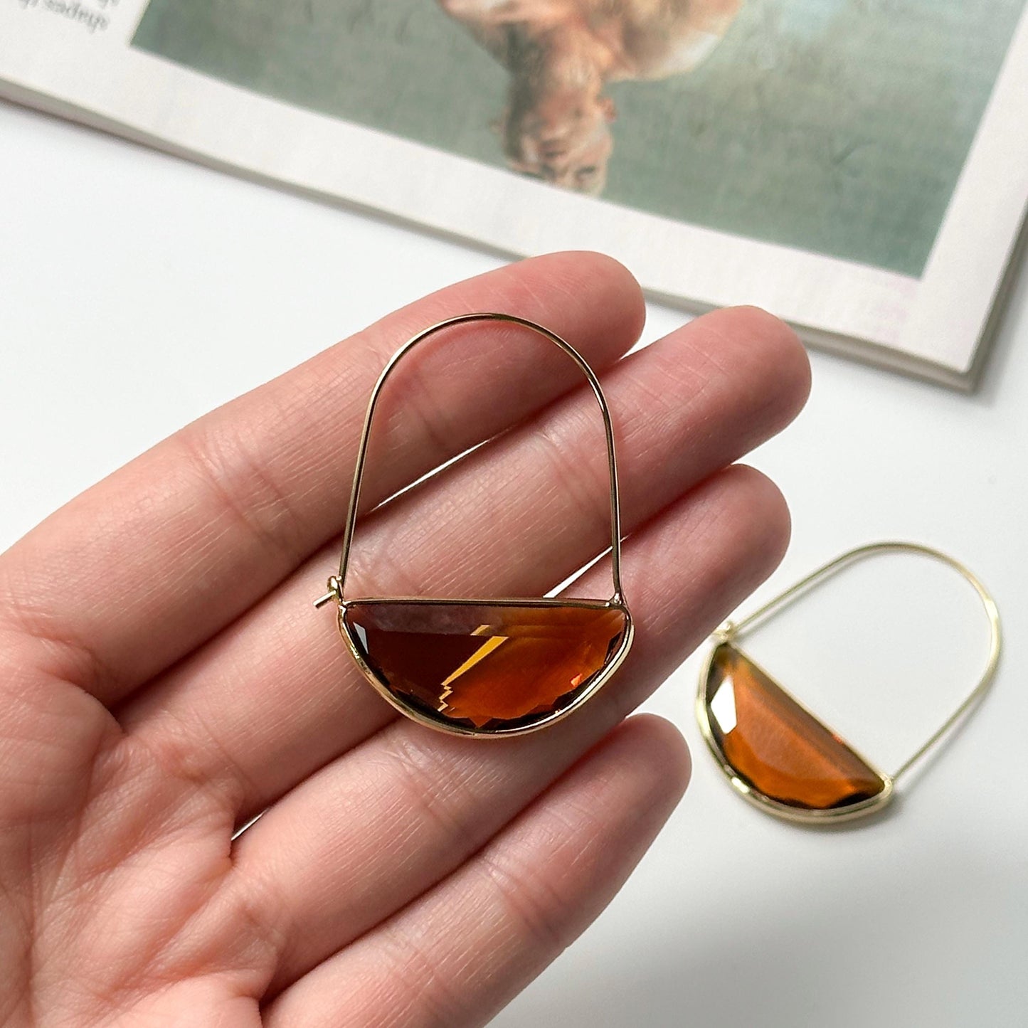 Coffee Brown Glass Retro Hoop Earrings | Elegant Hoop Earrings | Geometric Hoop Earrings | Dainty Earrings | Boho Vintage Earrings