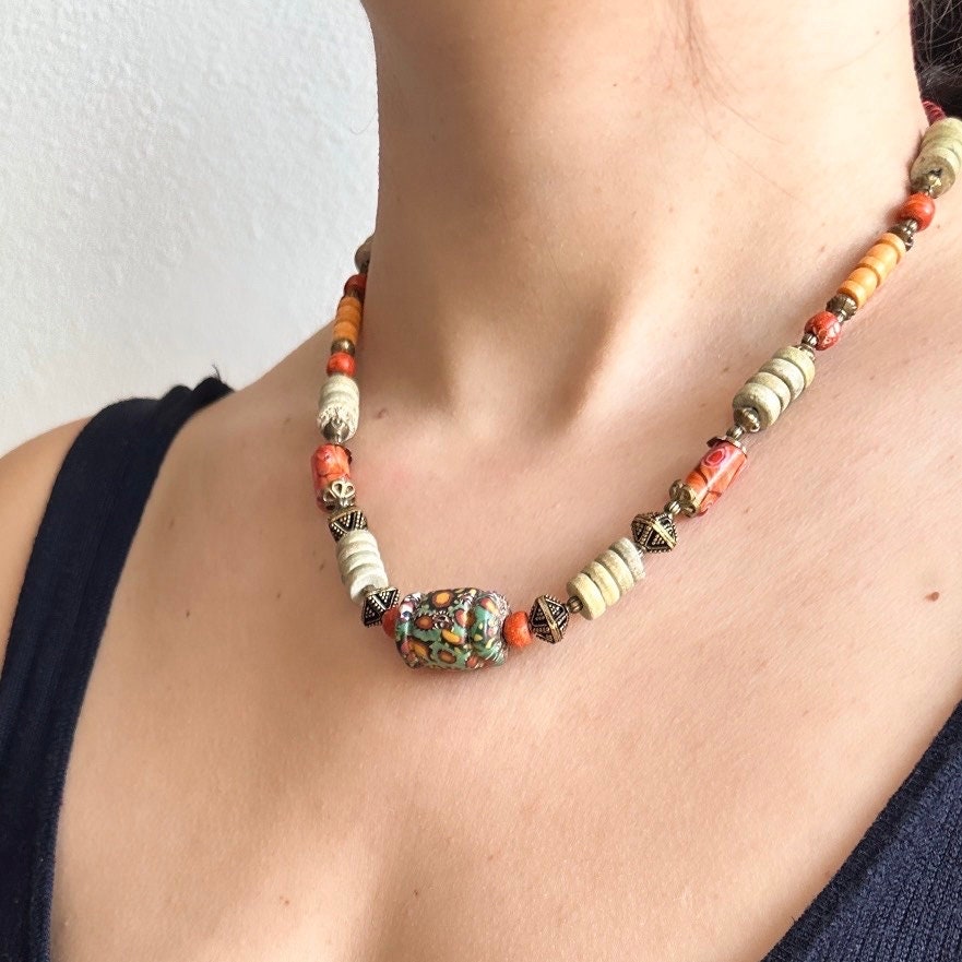 Ethnic Nepali Murano Stone Necklace for Woman | Bohemian Tibetan Jewelry for Woman | American Ethnic Jewelry | American Ethnic Necklace