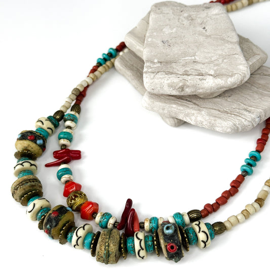 Two Layered Coral Nepali Necklace | Gift for Women Ethnic Jewelry | Ethnic Design Boho Necklace | Tibetan Jewelry
