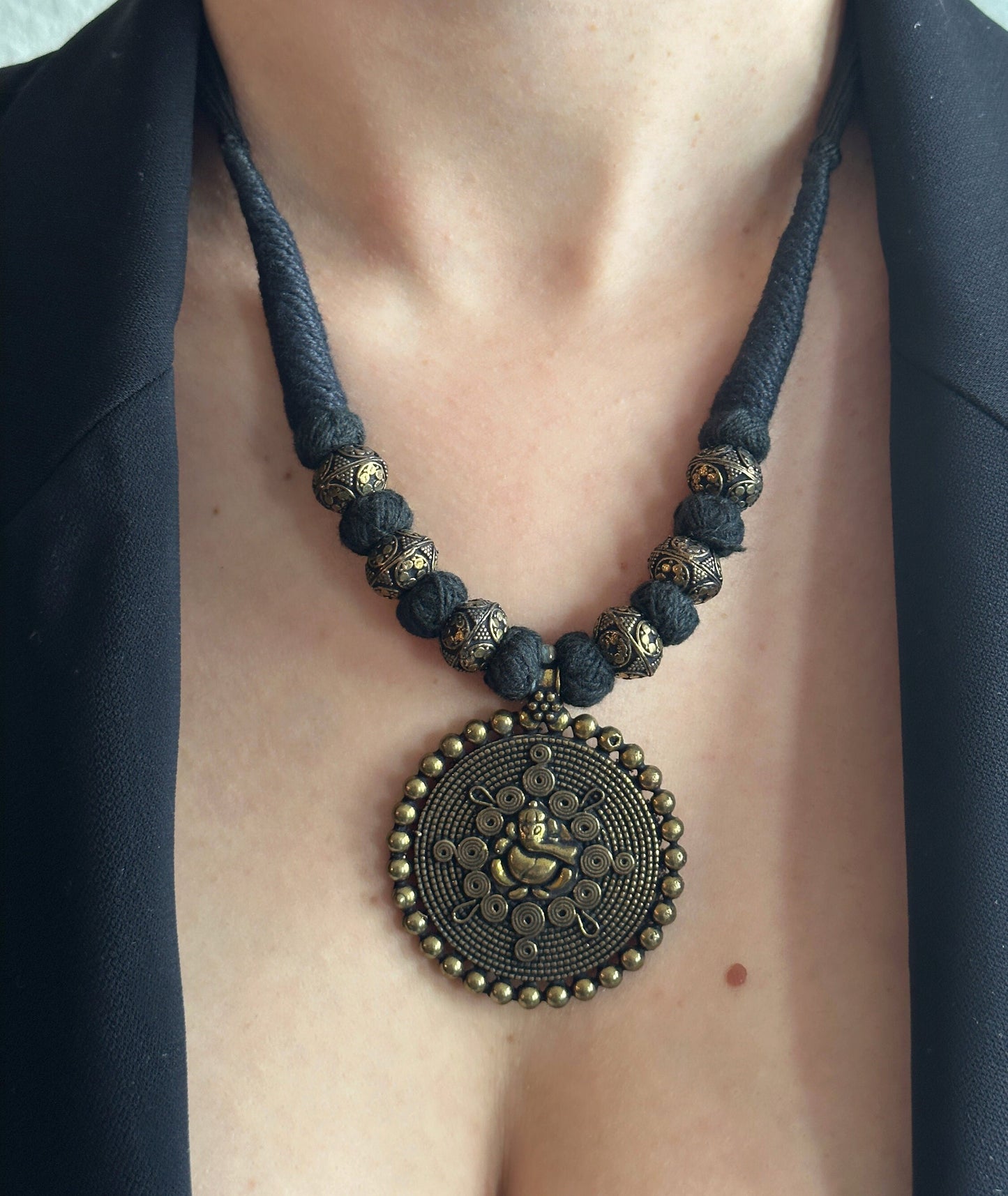 Medallion Dark Academia Necklace | Gift for Women Ethnic Jewelry | Black Gold Nepali Necklace | Ethnic Design Necklace | Tibetan Jewelry